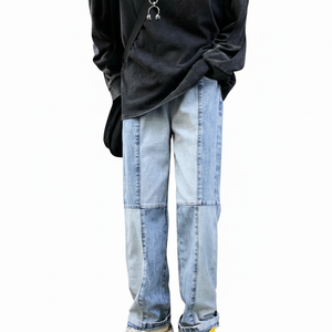 Jean droit taille moyenne taille moyenne en denim pour hommes coupe régulière avec patchs grande taille délavé à la pierre - Product Image 1