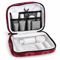 Trousse de Toilette de Voyage Suspendue en Twill Bourgogne, Compartiment Étanche en TPU Transparent, Motif Floral, Crochet Pivotant pour Cosmétiques et Articles de Toilette Féminins