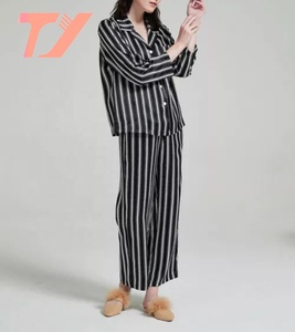 Wholesale Custom Fall Winter Women Clothing Long Sleeve <strong>Black</strong> Stripe Two Piece Pajama Set Loungewear Satin <strong>Silk</strong> Pjs <strong>Pyjamas</strong> - Product Image 5