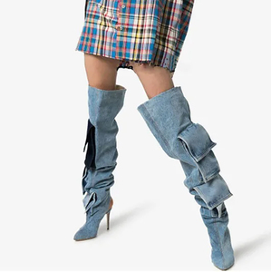 המפעל הסיטונאי ג 'ינס רחב עגל גבוה מעל הברך הברך הירך מגפיים גבוהים לנשים - Product Image 2