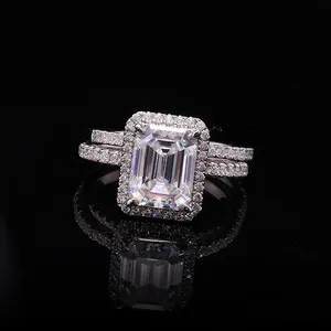 纳扬精品珠宝18k白金3.00ct硅石订婚戒指套装翡翠切割硅石钻石女性结婚戒指