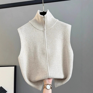 Gilet Minimalista con Zip <span class=keywords><strong>Senza</strong></span> <span class=keywords><strong>Maniche</strong></span> a Collo Alto in Poliestere Lavorato a <span class=keywords><strong>Maglia</strong></span> per Donna Autunno 2025 Maglione Tinta Unita - Product Image 3