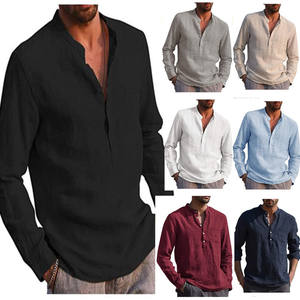 S-5XL hommes <span class=keywords><strong>col</strong></span> en v décontracté plage coton lin mélangé Henley chemise retroussable à manches longues basique été chemise bande <span class=keywords><strong>col</strong></span> plaine Blouse - Product Image 4