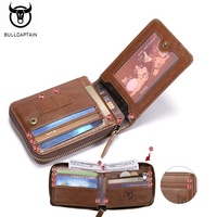 Dompet Kulit Asli Pria BULLCAPTAIN dengan Ritsleting, Anti-RFID, Lipat Dua, Jendela ID, Tempat Paspor, dan Kantong Koin Beritsleting