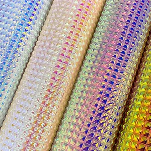 Holographic 3D Diamond Plaid Bunp Texture Faux Leather Iridescent Embossed Vinyl for Sewing Projects Bag Making