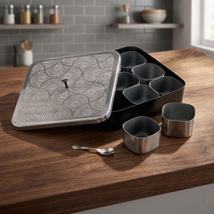 Premium Square Stainless Steel Spice <b>Box</b> with 9 Modular Containers Laser Etched Mandala Lid Indian Masala Dani Kitchen Organizer - Product Image 4