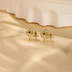 Boucles d'oreilles clous scintillantes en argent sterling S925, étoiles à huit branches et étoiles à quatre branches superposées, avec zircon cubique bleu, pour femmes et enfants - Product Image 5