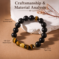 Bracelet de perles d'encens de 10 mm, fait main, œil de tigre jaune doré, bouclier en or 18 carats, formule spirituelle du cœur, OEM, marque privée