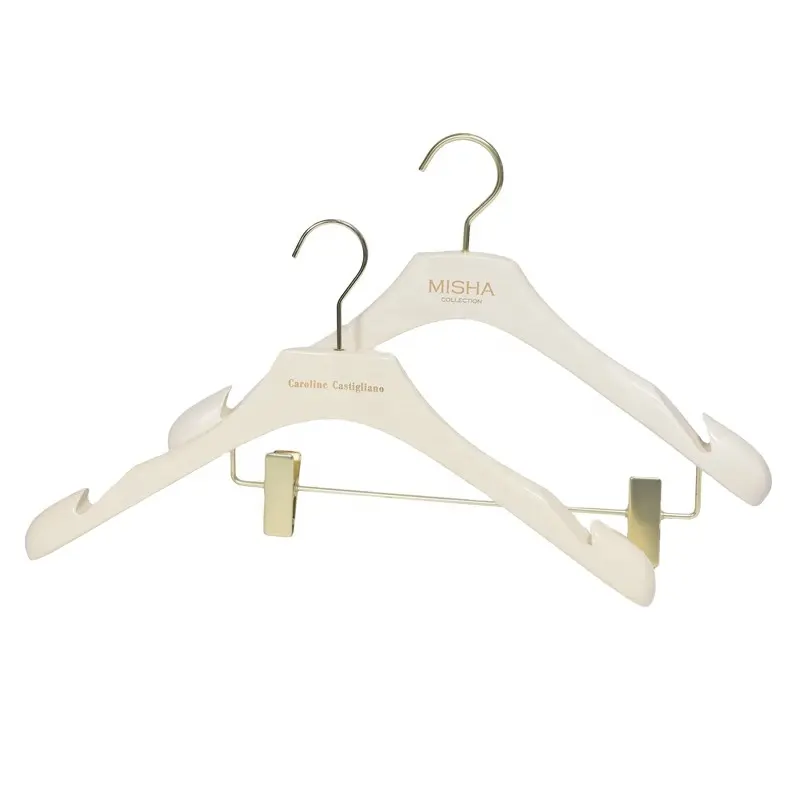 Luxury white wood hanger with clips gold hook wood clothes hanger