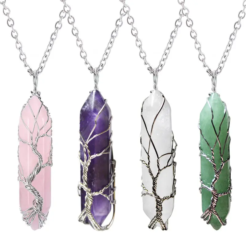 Hot selling hand wound life tree natural rose quartz crystal stone hexagonal prism pendant fortune tree necklace pendant
