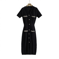 Robe mi-longue tricotée unie à col en V et manches courtes perlées, style japonais-coréen, pour femme, collection été transfrontalière