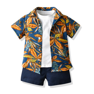 Ensemble de vêtements pour garçons d'été, chemise à manches courtes à imprimé floral, t-shirt, shorts, ensemble trois pièces pour garçons - Product Image 2