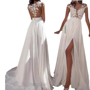 Wedding Dress A-Line Chiffon Backless Hollow Sweetheart Neckline Pure White Ivory Long Gown With Slit - Product Image 2