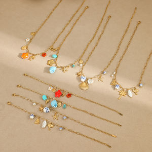 Renkli okyanus koleksiyonu takı paslanmaz çelik kadın denizyıldızı kabuklu yunus mercan hindistan cevizi ağacı Charm kolye bilezik seti - Product Image 4