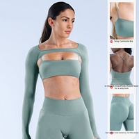 Conjunto de Yoga Personalizado de 3 Piezas para Mujer: Top Corto con Aberturas para los Pulgares y Manga Larga, Sujetador Cami y Leggings de Cintura Alta con Efecto Scrunch Butt para Gimnasio y Ropa Deportiva