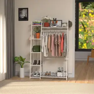 Rack de roupas com prateleiras, rack de roupas de bambu para sala de estar, quarto, entrada, banheiro, branco