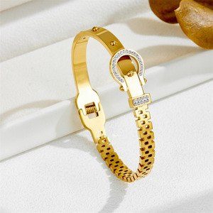 Bracelets manchette Punk Hiphop en acier inoxydable 316L avec fermoir de montre, breloque en titane doré, bijoux pour femmes, inaltérables - Product Image 2