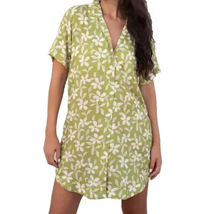 2024 Hawaii Wear estampado personalizado rayón Casual fondo redondo verano camiseta vestido mujeres botón abajo vestido