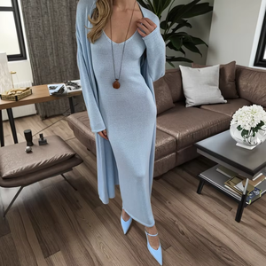 Robe longue en cardigan pour femme, manches longues, vêtements de nuit, ensembles de vêtements de détente personnalisés, robe de nuit en tricot pointelle, ensemble pyjama 2 pièces - Product Image 5