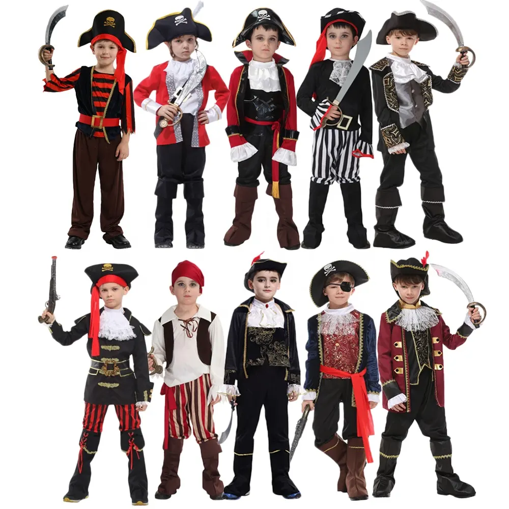 Halloween Anime Cosplay Kapten Bajak Laut Jack Sparrow Karnaval Anak-anak Pesta Bajak Laut Kostum Mewah Anak Laki-laki dengan Topi dan Penutup Mata