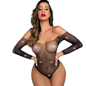 2022 Bodysuit Sheer Mesh Pakaian Seksi Wanita Hot Transparan Shiny Sequin Fishnet Wanita Berlian Imitasi Lingerie Seksi