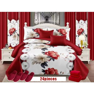Tùy Chỉnh 24 Mảnh Bộ Đồ Giường Đặt Hoa Mô Hình Đám Cưới Màu Đỏ Giáng Sinh Tấm Ga Trải Giường Bông Điền Trải Giường Đặt Với Rèm Cửa - Product Image 1