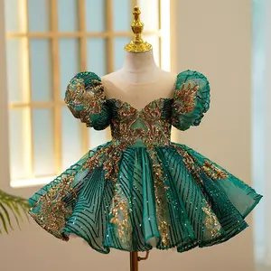 Formal Hot Sale Kid Clothing Girl Princess Dress Children Puff Sleeves Sequined Green Ball Gown Green Party Dress Patterns