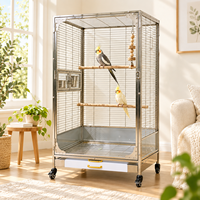Cage à perroquet robuste en acier inoxydable avec roulettes, porte d'alimentation, filet inférieur et plateau coulissant