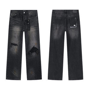 Jeans Góticos Vintage Personalizados para Hombre, 100% Algodón, Negros, Holgados, Ajustados, con Diseño de Calavera, Desgastados y Rotos - Product Image 1