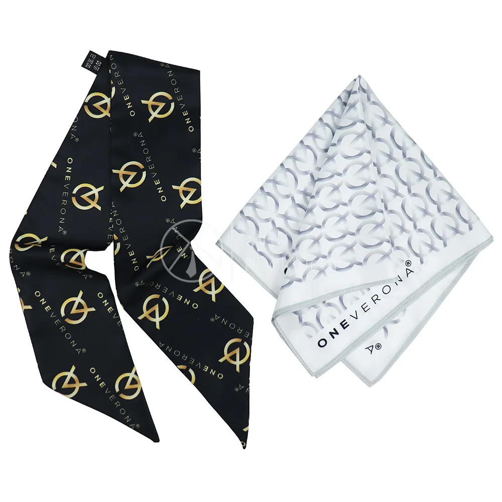 Make Your Own Company Logo Designs Handkerchief Skinny Scarves Black White Polyester Printed Pocket Square Scarf Set