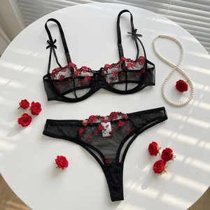 Wholesale Black Rose Embroidery Lingerie <b>Set</b> <b>Sexy</b> Sheer Mesh Underwire Bra and Thong Panties <b>Set</b> 2 Piece Bow Lace Intimates - Product Image 4