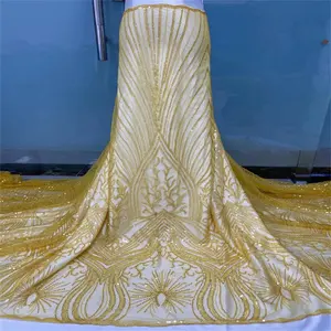 2021 Mewah Manik-manik Emas Bahasa Perancis Desain Renda Berkualitas Tinggi Payet Tulle Renda Kain Pengantin Kain Tulle Renda
