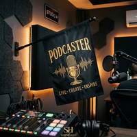 Drapeau de studio de podcasting noir et or, motif rétro vague sonore micro doré, bannière décorative suspendue en polyester réglable pour créateur de contenu