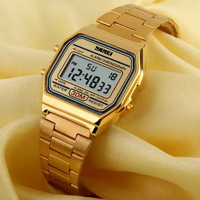 Skmei 1123 Digital Watch Square Shape Dial Business Watches Men Alloy Case Stainless Steel Gold Luxury Fashion Wristwatch