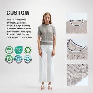 เสื้อสเวตเตอร์ถักคอวีทรงกลมสีแอพริคอตแบบสั่งทำพิเศษ, เสื้อถักลินินแบบร่องลายฉลุสำหรับผู้หญิงขายส่ง - Product Image 1