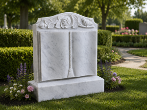 Lápida de Mármol Blanco con Tallado de Rosa y Pájaro, Monumento Funerario Tradicional de Estilo Europeo - Product Image 3