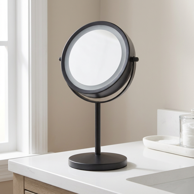 Smart Touch Screen LED Dimmable Lights Chrome Finish Metal Double Sided 5X Magnifying Cosmetic Mirror Natural Light Desktop