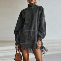 Robe Courte Décontractée en Daim pour Femme, Col Roulé Vintage, Manches Longues, Franges et Pompons, Coupe Ample, Style Mini, Personnalisable OEM