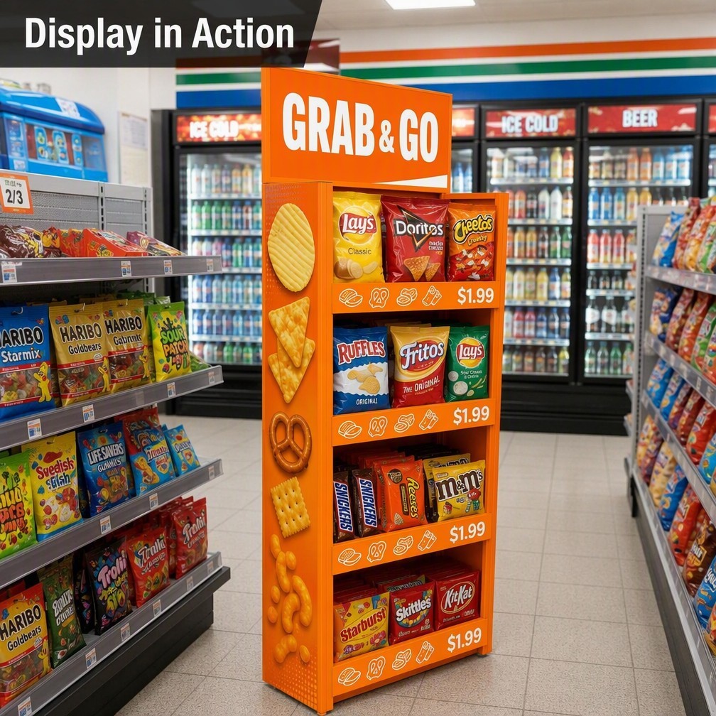 Apache Custom Snack Display Rack 4-Way 4-Tier Metal Food Merchandiser Knock Down Rotating Stand for Convenience Store OEM ODM — view 1