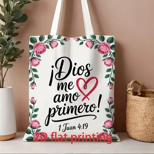Bolso <span class=keywords><strong>de</strong></span> mano con estampado <span class=keywords><strong>de</strong></span> rosas y citas religiosas en español, bolso <span class=keywords><strong>de</strong></span> compras reutilizable, adecuado para uso diario, compras, escuela, viajes - Product Image 2