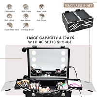 Boîte de maquillage à chariot en aluminium de 22 ''avec lumière LED, grand studio organisateur de cosmétiques professionnel avec haut-parleur Bluetooth