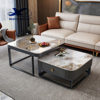 Table de canapé de salon moderne de luxe et support de télévision cadre en acier inoxydable doré avec comptoir en pierre artificielle frittée