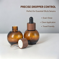 Flacon compte-gouttes en verre ambré rond de 30 ml avec bouchon en bois pour huile essentielle, huile capillaire, sérum facial, emballage en verre