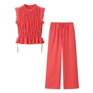 Conjunto de Blusa <span class=keywords><strong>con</strong></span> Volantes y Pantalones Anchos a Cuadros, Diseño Personalizado, Atuendo Casual de Dos Piezas para Mujer, OEM/ODM por Fábrica China - Product Image 1