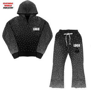 Black color 2026 Rhinestone Sweat suits Unisex Loose Fit Hoodie & Flare Bottom Pants Mens All Over Gem Stones Tracksuits - Product Image 1