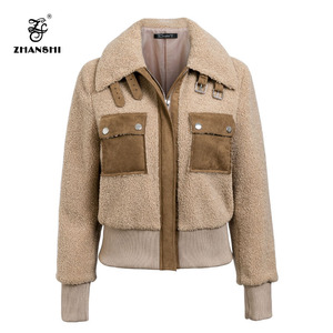 2019 Falso Lambswool Jaqueta Casaco Cáqui Quente Mulheres Inverno Patch Camurça Bolso Outerwear Moda Curta Zíper Jaqueta - Product Image 1