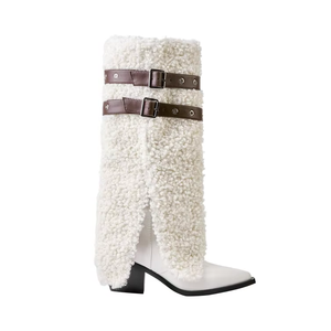 2025 <span class=keywords><strong>requin</strong></span> fausses plumes sur le genou Cowgirl bottes pour femmes fermeture éclair sans lacet avec semelles épaisses botte d'hiver - Product Image 1