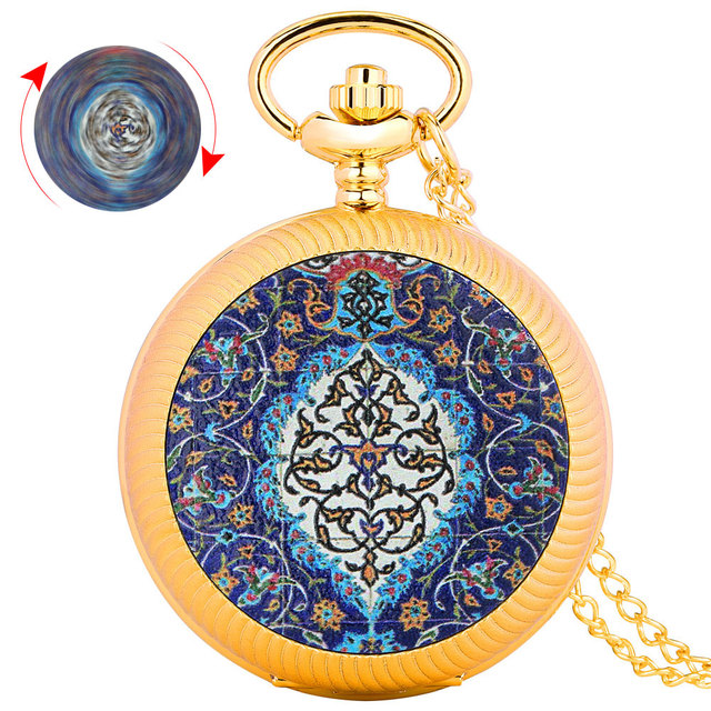 Unique Rotating Cover Persian Style Floral Pocket Watch for Jewelry Accessory, Gold Pendant Locket Watch with Chain for Gift