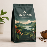 Sacs à café personnalisés imprimés avec valve, fermeture éclair latérale, fond plat, réutilisables, thermoscellés pour grains de café