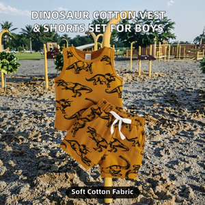 Ensemble de 2 pièces pour enfants, débardeur en coton à imprimé dinosaure et short uni pour bébés et jeunes garçons, style décontracté d'été - Product Image 1